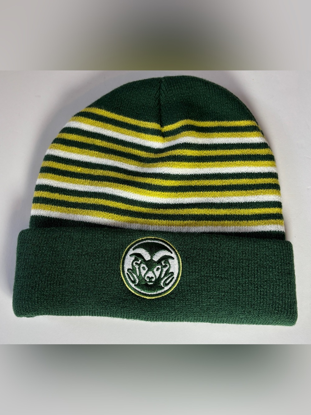 Colorado State Rams CSU Knit Beanie Hat Green Yellow Striped Embroidered Logo